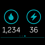 On-device screenshot of a fire icon with 1234 cal listed below it, next to an icon of a lightning bolt with 36 listed below it